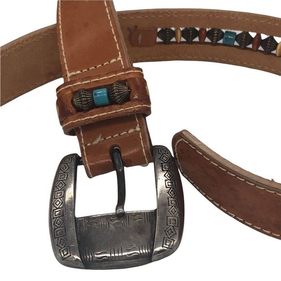 Leather Belt with Inlay Colored Beads and Silver Beads Top StationSilver Buckle main image 5